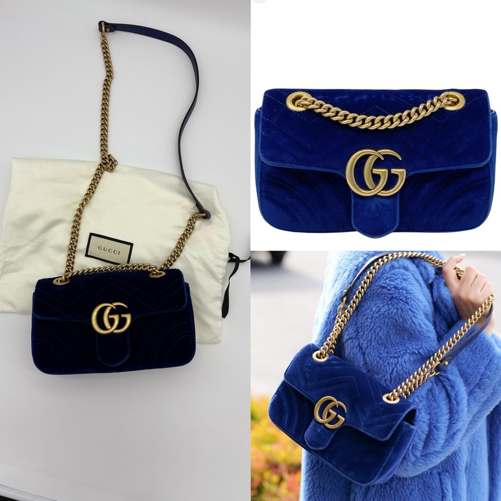 Authentic Gucci blue Velvet small Marmont chain bag
